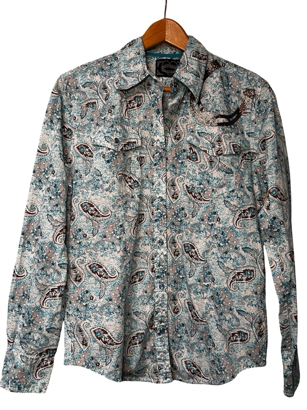 Cowgirl Hardware Pearl Snap Western Shirt SZ M Paisley Floral Sparkly Horseshoe